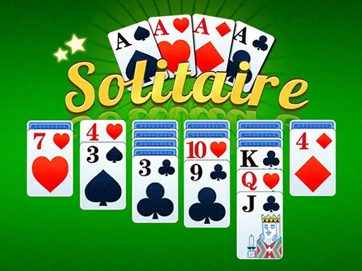 Tela do jogo de cartas Solitaire com cartas organizadas em colunas sobre um fundo verde, com o título "Solitaire" em destaque e quatro ases exibidos na parte superior.
